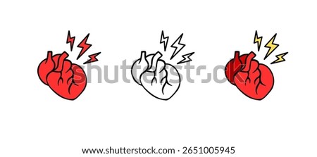 Bold hearts in red and black with lightning symbols convey strong emotions. some are outlined, others filled.