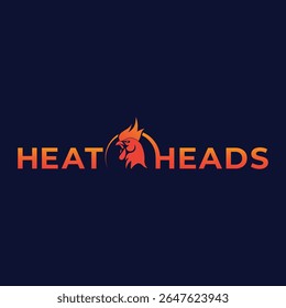 Bold Heat Heads Logo Featuring a Fiery Rooster Head with Gradient Text and Dark Background