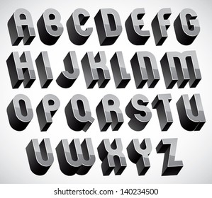 Bold and heavy 3d letters set, dimensional vector font, monochrome.