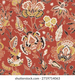 Atrevidas flores de herencia en tonos óxido, mostaza y crema con acentos oscuros, ideales para Fondo de pantalla, ropa de cama, tapicería y envoltura de regalos.