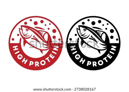 Bold high protein badge with tuna fish illustration. Ideal for seafood packaging, canned fish products, healthy diet and fitness nutrition branding.