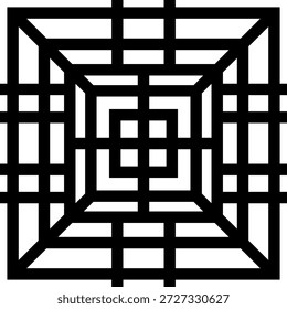 Un diseño abstracto audaz y de alto contraste con anillos cuadrados concéntricos y líneas de rejilla que crean una ilusión óptica cautivadora. Perfecto para temas de arte moderno, geométrico y contemporáneo en colecciones de stock.

