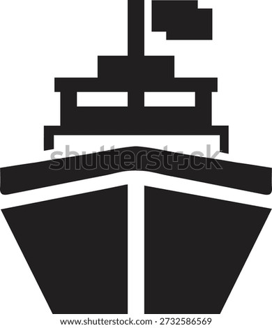 A bold, high-contrast black silhouette of a cargo ship viewed from a frontal perspective. Featuring a multi-level deck structure and a prominent flag mast, this powerful emblem represents global trade, naval logistics, and maritime transportation.