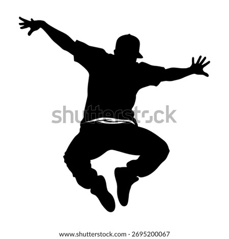 A bold, high-contrast black vector silhouette of a hip-hop or street dancer mid-jump. Perfect for apparel, energetic marketing, dance studio branding, and youth culture visuals.