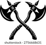 A bold, high-contrast emblem featuring two stylized battle axes crossed at the handles. The design uses strong silhouettes and decorative handle details to convey power, tradition, and readiness for battle. Suitable for team logos, gaming clans, fantasy projects, medieval- or Viking-themed merchandise, tattoos, stickers, and event branding where a striking, warrior-inspired mark is required.