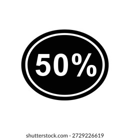 A bold, high-contrast graphic featuring the number 50 followed by a percent sign, enclosed in a black oval shape with a white border, signifying a sale or promotion.