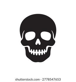 A bold, high-contrast graphic of a skull featuring solid black fill with stark white hollow eyes and teeth, creating a striking, minimalist silhouette. The design emphasizes sharp edges and a flat, tw.