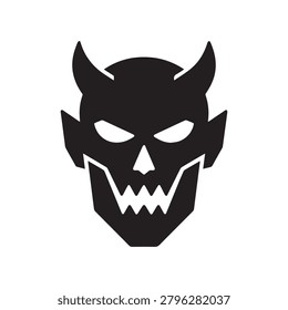 A bold, high-contrast illustration of a devil skull featuring prominent horns, sharp teeth, and hollow eye sockets. The composition is centered with a stark black silhouette against a plain white back.