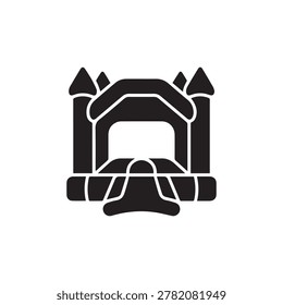 A bold, high-contrast illustration of a medieval castle gatehouse featuring a central archway and crenellated battlements. The design uses thick black outlines and shading to create a three-dimensiona.