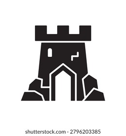 A bold, high-contrast illustration of a medieval castle tower with crenellations at the top, set on a rocky foundation. The design features thick, solid black lines with subtle internal shading to sug.