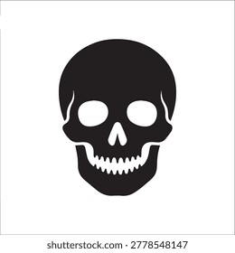 A bold, high-contrast illustration of a skull rendered in solid black with stark white eye sockets and a pronounced grin. The design features smooth, clean lines and a minimalist composition, evoking .