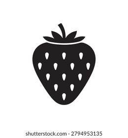 A bold, high-contrast illustration of a strawberry featuring detailed seed texture and a simple leafy top, rendered in solid black against a plain white background. The composition emphasizes the frui.
