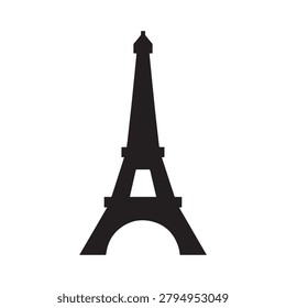 A bold, high-contrast silhouette of the iconic Eiffel Tower, rendered in solid black against a clean white background. The image captures the tower’s intricate iron lattice structure, arched base, and.