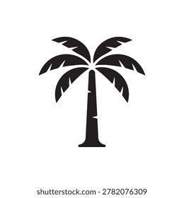 A bold, high-contrast silhouette of a palm tree with a thick trunk and fan-shaped fronds, rendered in solid black against a plain white background. The design emphasizes clean lines and a minimalist a.