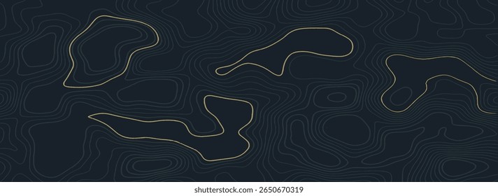 Mapa de contorno topográfico arrojado e de alto contraste com linhas de elevação fluidas em laranja neon sobre preto profundo. Projeto de terreno abstrato com uma ampla vibe.perfect panorâmica para uma geografia futurista estética.