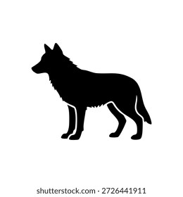 Una silueta de Vector audaz y de alto contraste de un lobo de perfil con orejas puntiagudas y cola tupida. Perfecto para logotipos, iconos, gráficos de vida silvestre, materiales educativos y marca. El diseño minimalista garantiza claridad y versatilidad para el uso de impresión, digital y Mercancía.