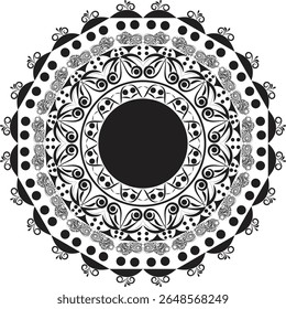 Uma mandala circular em preto e branco, em negrito e altamente detalhada, com elementos florais ornamentais e simetria geométrica. Ideal para arte de tatuagem, decoração de parede, impressões digitais e espiritual ou meditação t