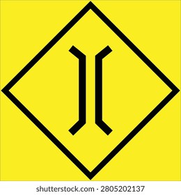 A bold and high-visibility vector illustration of a minimalist traffic warning sign, presented as a solid yellow diamond badge with a thick black border. The graphic features two parallel black lines that curve inward at both the top and bottom, representing a bottleneck constriction such as a narrow bridge, lane narrowing, or restricted roadway clearance ahead. This universally recognized design asset represents upcoming traffic bottlenecks, narrowing paths, architectural infrastructure, bridge approaches, or data compression constraints in technical workflows. Perfectly tailored for digital user interface (UI) navigation systems, driving simulation graphics, mobile application maps, transportation dashboards, informational infographics, and street safety warning materials