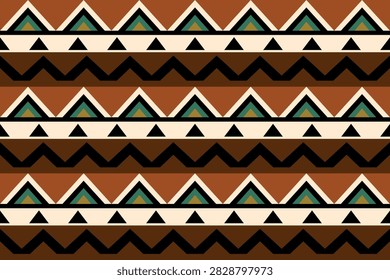 A bold horizontal Southwestern ethnic pattern displaying repeating rows of zigzags, chevrons, and triangular motifs in rust orange, dark green, black, and cream. Excellent for African mudcloth-style prints, boho rug textiles, folk wallpapers, and cultural backdrops.