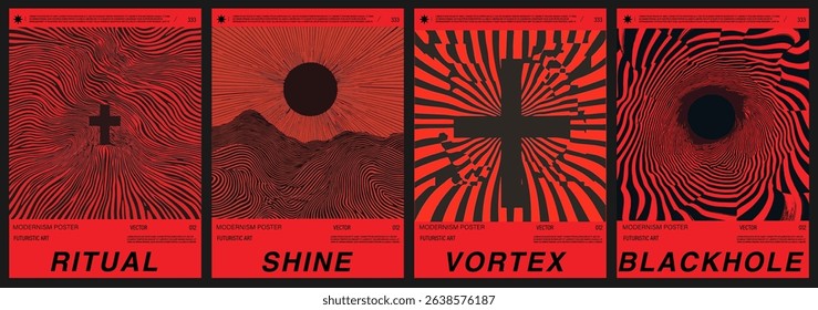 Bold horror vector posters in a modernist, op art style with hypnotic wavy lines, cross and circles shapes in  black and red colors.