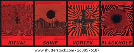 Bold horror vector posters in a modernist, op art style with hypnotic wavy lines, cross and circles shapes in  black and red colors.