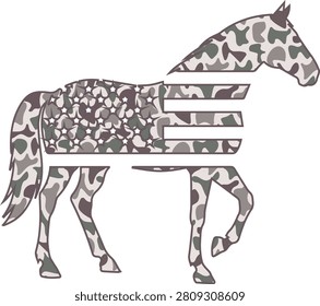 Bold horse silhouette vector graphic filled with classic duck camo pattern in stone, taupe, sage, and charcoal organic shapes. Three horizontal bars cut through the body for a modern logo feel. Clean outline with high contrast and rugged appeal. Perfect for equestrian brands, team mascots, apparel, stickers, patches, and lifestyle products blending heritage camo style with strong equine symbolism.