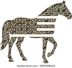Bold horse silhouette vector graphic filled with classic duck camo pattern in stone, taupe, sage, and charcoal organic shapes. Three horizontal bars cut through the body for a modern logo feel. Clean outline with high contrast and rugged appeal. Perfect for equestrian brands, team mascots, apparel, stickers, patches, and lifestyle products blending heritage camo style with strong equine symbolism.