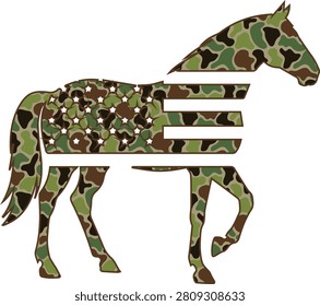 Bold horse silhouette vector graphic filled with classic duck camo pattern in stone, taupe, sage, and charcoal organic shapes. Three horizontal bars cut through the body for a modern logo feel. Clean outline with high contrast and rugged appeal. Perfect for equestrian brands, team mascots, apparel, stickers, patches, and lifestyle products blending heritage camo style with strong equine symbolism.