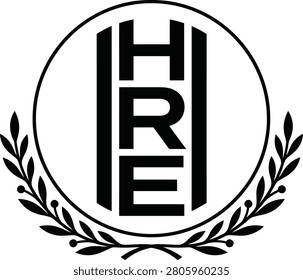 Bold HRE initials monogram logo with gothic architectural castle tower design in black and white heraldic style