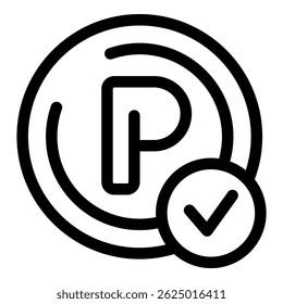 Bold icon featuring the letter p encircled with a check mark, indicating a designated parking area