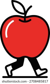 Ilustración de icono audaz de manzana roja con Pequeñas piernas negras caminando. Página de libro para colorear con manzana como personaje de dibujos animados. Alimentación saludable, fruta, frescura, comida. Libro de color aislado en el fondo
