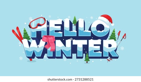 Bold, icy text proclaiming "Hello Winter" adorned with winter sports gear and festive holiday elements.