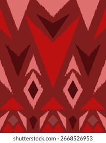 Afiche en zigzag de ikat en tonos rojo carmesí, coral, granate y ladrillo. Perfecto para poderosos proyectos de moda, interiores y diseño textil.