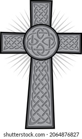 Bold illustrated Celtic knot decorative cross. Silver gray and black. Vector eps graphic design.