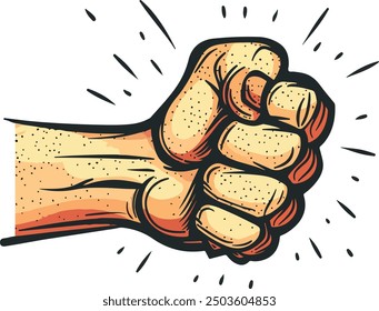 bold, illustrated clenched fist with dynamic lines, conveying strength and power in a comic-style design.