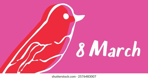 Bold Illustration of a Bird with Date 8 March on a Pink Background. Vibrant graphic featuring a red bird silhouette with '8 March' text on a pink backdrop, symbolizing celebration and nature.