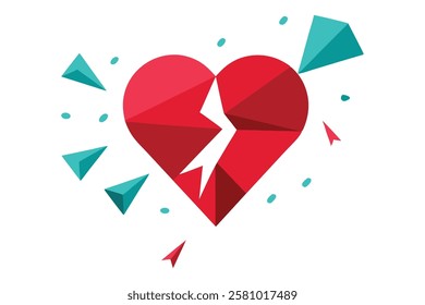 Bold Illustration of a Broken Heart in Sharp Geometric Fragments, Kicked into Pieces, Vector Art on White Background