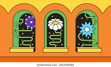 Bold Illustration of Floral Patterns in Arched Frames Featuring Colorful Blossoms Cartoon Hand Drawn Vector Illustration