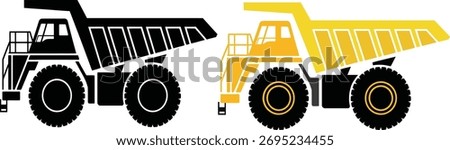 Bold illustration of a large off-road construction and mining haul truck, presented in black silhouette and yellow black graphic options. 