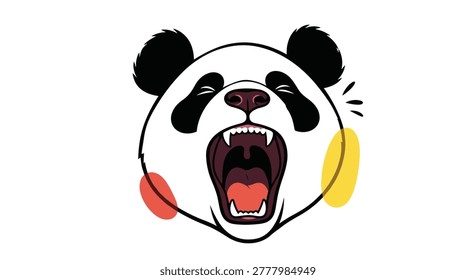Bold illustration of a panda face with its mouth wide open in a yawn or a roar, featuring colorful abstract shapes on its cheeks for effect.