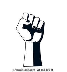 bold illustration of a raised fist in black and white, symbolizing strength, power, and solidarity. Ideal for activism, protests, and social justice themes