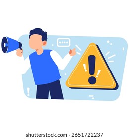 Illustration audacieuse montrant une personne utilisant un mégaphone et un panneau d'avertissement pour faire une annonce urgente avec une communication visuelle percutante
