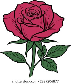 Bold illustration of a single red rose flower with green leaves and stem on a white background This romantic floral graphic is perfect for design