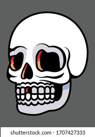 A bold illustration of a smiling skull on a gray background