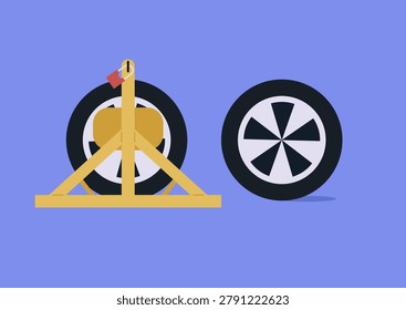 A bold illustration of a wheel clamp locked onto a vehicle tire, symbolizing the importance of following parking rules and respecting urban regulations in busy city spaces.