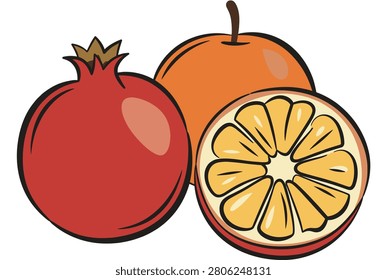 Bold illustration of a whole pomegranate alongside a whole orange and a sliced orange half showing inner sections.