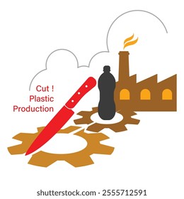 Bold imagery of a knife, plastic bottle, and factory gears symbolizes the urgent need to cut plastic production, highlighting its industrial roots and environmental harm.