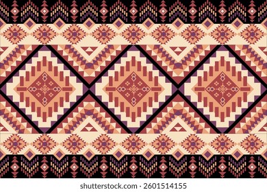 Bold indigenous-inspired textile design with stacked diamond medallions framed by intricate borders. Rich terracotta, purple, and cream palette creates striking contrast perfect for traditional style.