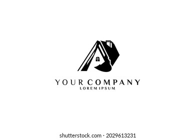 bold initial logo "A" excavator, gear transportations silhouette excavate