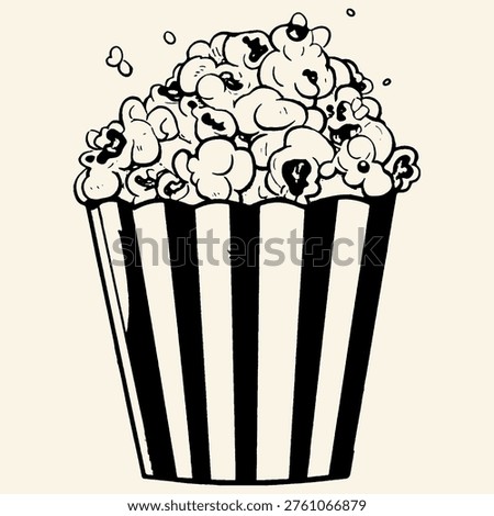 Bold ink illustration of a classic striped popcorn bucket overflowing with fluffy popcorn, retro cartoon style with strong black lines on cream background.